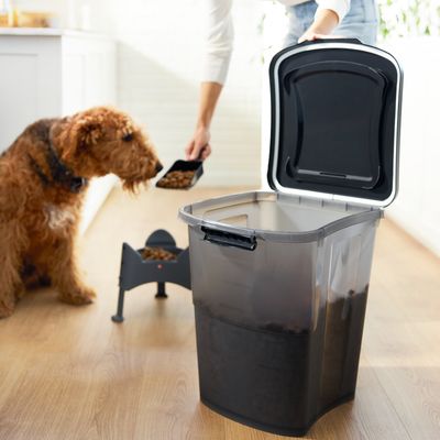 Conteneur en plastique transparent avec couvercle noir ouvert, croquettes à l’intérieur. Personne servant des croquettes dans une gamelle surélevée devant un chien.