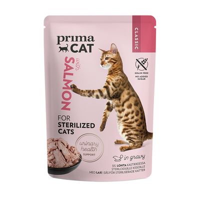 Prima Cat mit Lachs, Classic. Für sterilisierte Katzen, unterstützt Harnwegsgesundheit. Ohne Getreide, ohne Zuckerzusatz. In Sosse.