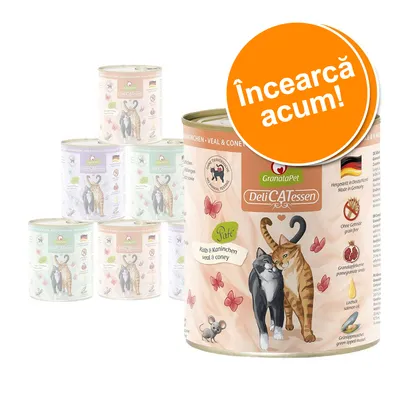 Text pe imagine: Încearcă acum! GranataPet DeliCATessen, pateu pentru pisici, vițel și iepure. Fără cereale, cu somon, rodie și semințe de in. Fabricat în Germania.