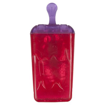 Giocattolo per cani rosso e viola a forma di ghiacciolo, in plastica con dettagli strutturati.