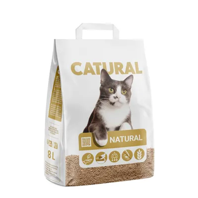 Sac de litière pour chat Catural Natural, 8 L, avec photo d’un chat, pictogrammes et texte « NATURAL » sur le devant. Sac de litière pour chat Catural Natural, 8 L, avec photo d’un chat, pictogrammes et texte « NATURAL » sur le devant.