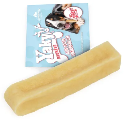 Yaky formaggio da masticare al 100% latte di pascolo, confezione con immagine di cane e pezzo di formaggio da masticare visibile.