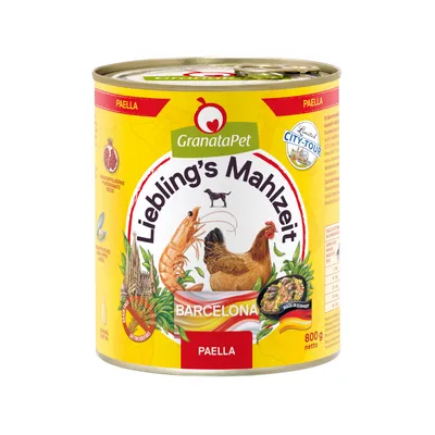 GranataPet Liebling's Mahlzeit Barcelona Paella, grain-free, with chicken and prawns, 800g net, Made in Germany.