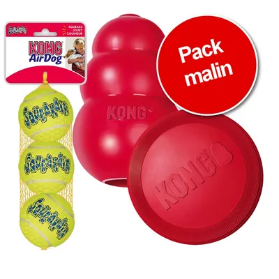Pack malin KONG : jouet rouge, frisbee rouge avec logo KONG, lot de 3 balles jaunes SqueakAir en filet, emballage KONG AirDog visible.