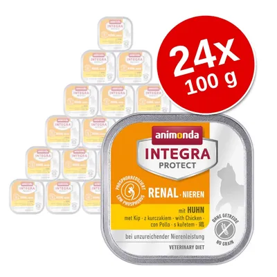 animonda Integra Protect Renal Nieren mit Huhn, 24 x 100 g. Widoczne opakowanie z napisem: low phosphorus, ohne getreide, veterinary diet.