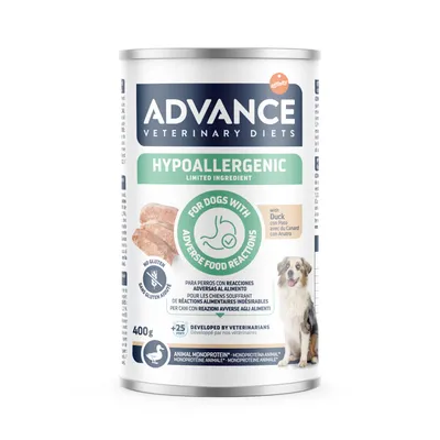 Advance Veterinary Diets Hypoallergenic mokré krmivo s kachnou pro psy s potravinovou nesnášenlivostí. Bez lepku, monoprotein, vyvinuto veterináři. Obsah: 400g.