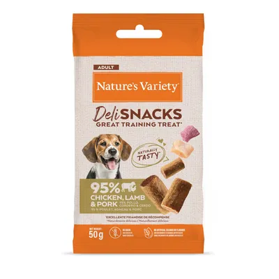 Nature's Variety Deli Snacks, trainingssnack, 95% kip, lam en varkensvlees, natuurlijk lekker, zonder granen, geen kunstmatige kleur- of smaakstoffen. Nettogewicht: 50g.