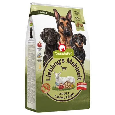 GranataPet Liebling's Mahlzeit Adult Агнешко, без зърнени култури, 23% протеин, 13% мазнини, с гранатови семена, зеленоуста мида, масло от сьомга, произведено в Австрия. GranataPet Liebling's Mahlzeit Adult Агнешко, без зърнени култури, 23% протеин, 13% мазнини, с гранатови семена, зеленоуста мида, масло от сьомга, произведено в Австрия.