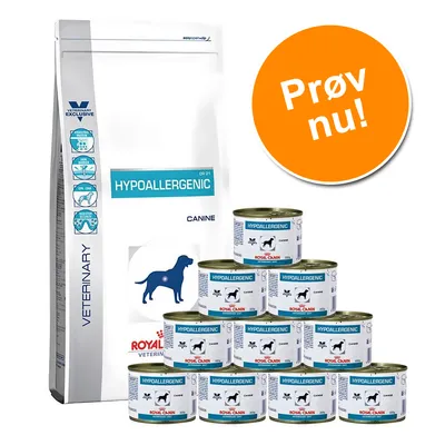 Royal Canin Veterinary Hypoallergenic Canine tør- og vådfoder, dåser og pose med blå hundesilhuet. Orange cirkel med teksten 'Prøv nu!'.