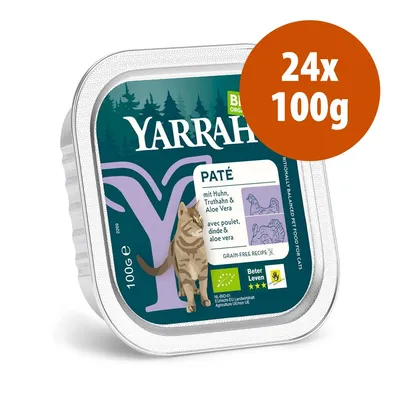 Yarrah Paté per gatti, 24x100g. Testo visibile: mit Huhn, Truthahn & Aloe Vera; avec poulet, dinde & aloe vera. Certificazioni bio e Beter Leven.