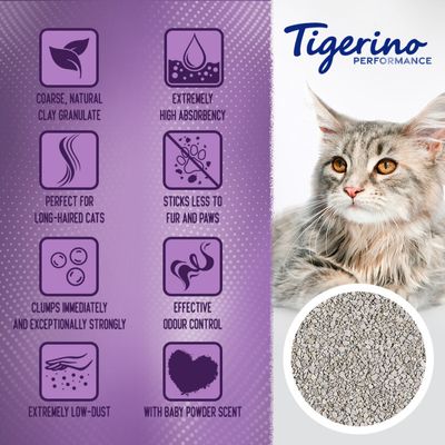 Tigerino Performance, mačka, uzorak pijeska i tekst na engleskom: coarse, natural clay granulate, extremely high absorbency, perfect for long-haired cats, sticks less to fur and paws, clumps immediately and exceptionally strongly, effective odour control, extremely low-dust, with baby powder scent.