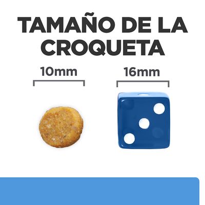 Tamaño de la croqueta: 10 mm comparado con un dado azul de 16 mm. Texto visible: 'TAMAÑO DE LA CROQUETA', '10 mm', '16 mm'.