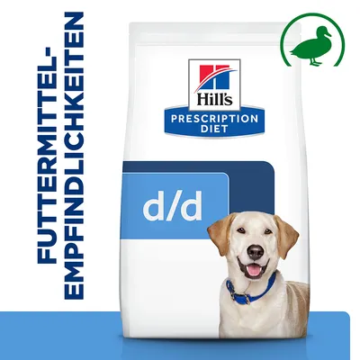 Hill's Prescription Diet d/d hrana za občutljive pse, z motivom race. Besedilo: občutljivost na hrano.