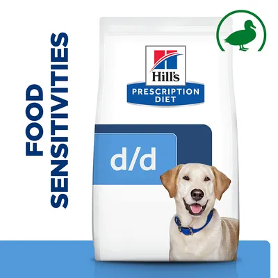 Hill's Prescription Diet d/d hrana za pse, oznaka Food Sensitivities, zelena silueta patke u kutu pakiranja.