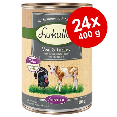 Lukullus Veal & turkey, med sød kartoffel, pære og hørfrøolie. Extra green-lipped mussel. Senior. 24 x 400 g dåser synligt på emballagen.
