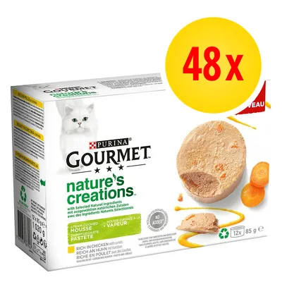 Caja de Purina Gourmet nature's creations mousse con pollo y zanahorias para gatos, 48x85 g. Texto visible: 'no added', 'grain free', ingredientes naturales seleccionados. Caja de Purina Gourmet nature's creations mousse con pollo y zanahorias para gatos, 48x85 g. Texto visible: 'no added', 'grain free', ingredientes naturales seleccionados.