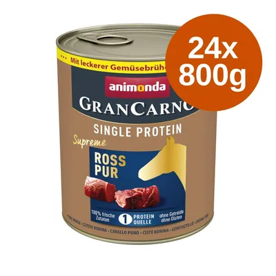 animonda GranCarno Single Protein Supreme ROSS PUR konzerv, 24×800g, látható lóhúsdarab képpel, felirat: 100% friss összetevők, 1 protein forrás, gabona- és gluténmentes animonda GranCarno Single Protein Supreme ROSS PUR konzerv, 24×800g, látható lóhúsdarab képpel, felirat: 100% friss összetevők, 1 protein forrás, gabona- és gluténmentes