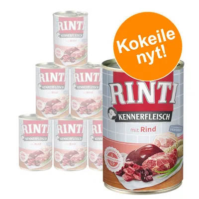RINTI Kennerfleisch mit Rind -koiranruokapurkkeja, etualalla yksi purkki ja oranssi merkki: Kokeile nyt!