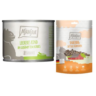 MjAMjAM Kombi-Paket: 12 x 200 g Nassfutter + 3 x 125 g Snackbag saftiges Hühnchen - leckeres Rind an gedämpftem Kürbis 12 x 200 g + Snackbag saftiges Hühnchen 3 x 125 g