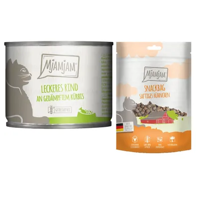 MjAMjAM Kombi-Paket: 12 x 200 g Nassfutter + 3 x 125 g Snackbag saftiges Hühnchen - leckeres Rind an gedämpftem Kürbis 12 x 200 g + Snackbag saftiges Hühnchen 3 x 125 g
