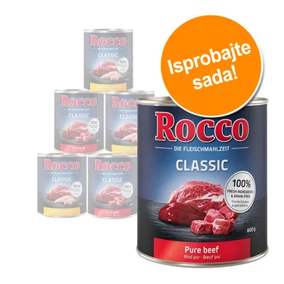 Rocco Classic konzerva, Pure beef, 800 g, natpis 'Isprobajte sada!' na narančastom krugu. Vidljive i druge Rocco Classic konzerve s okusima Beef with chicken i Pure beef.