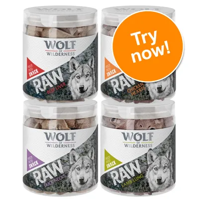 Wolf of Wilderness RAW freeze-dried snack jars: beef liver, chicken hearts, duck necks, lamb lung. Orange badge with white text: Try now!