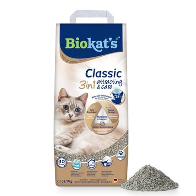 Biokat's Classic 3in1 Attracting & Care Clumping Litter, 40 days, Hygiene Formula, increased efficiency, firmer clumps, rapid odour control, 10L/9kg, Made in Germany.