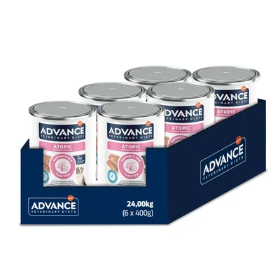 Advance Veterinary Diets Atopic υγρή τροφή, υποστηρίζει τη λειτουργία του δέρματος, συσκευασία με 6 κονσέρβες των 400g, συνολικό βάρος 2,4kg.