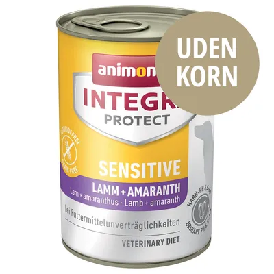 animonda INTEGRA PROTECT SENSITIVE LAMM + AMARANTH, uden korn, grain free, til foderintolerance, urinary pH 6,5–6,8, veterinary diet. Synlig tekst på tysk og engelsk.
