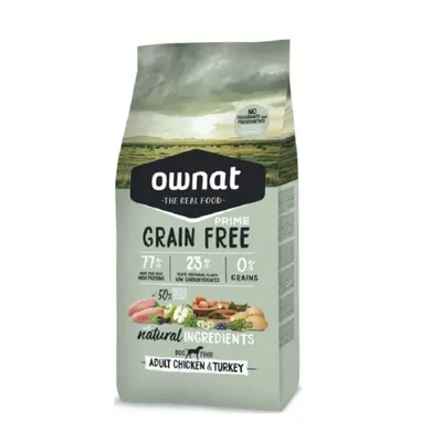 Ownat Prime Grain Free Adult Chicken & Turkey, 77% proteínas animales, 23% carbohidratos vegetales, 0% cereales, ingredientes naturales, sin colorantes ni conservantes.