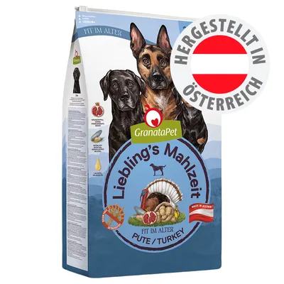 GranataPet Liebling's Mahlzeit Fit im Alter Pute, hergestellt in Österreich, getreidefrei, mit Granatapfelkernen, Grünlippmuschel und Lachsöl.