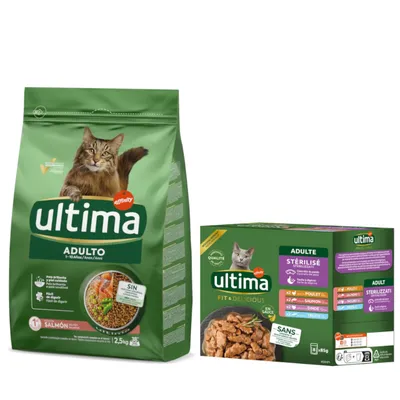 2,5 kg Ultima Cat + 4 x 70 g / 8 x 85 g pussia kaupan päälle! - Adult lohi (2,5 kg) + Sterilized Cat Mix I (8 x 85 g) 2,5 kg Ultima Cat + 4 x 70 g / 8 x 85 g pussia kaupan päälle! - Adult lohi (2,5 kg) + Sterilized Cat Mix I (8 x 85 g)