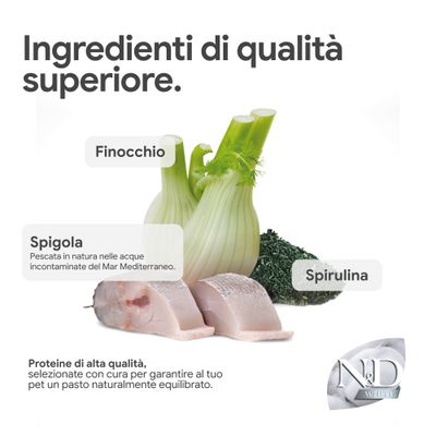 Componenti di alta qualità: finocchio, spigola del Mediterraneo, spirulina. Proteine accuratamente selezionate per un alimento bilanciato per animali domestici. N&D White.
