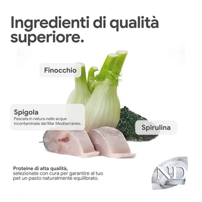 Componenti di alta qualità: finocchio, spigola del Mediterraneo, spirulina. Proteine accuratamente selezionate per un alimento bilanciato per animali domestici. N&D White.