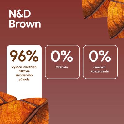 N&D Brown. 96% kvalitných živočíšnych bielkovín, 0% obilnín, 0% umelých konzervačných látok.
