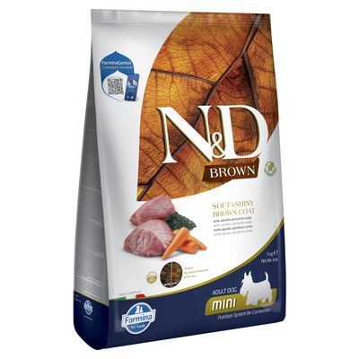 N&D Brown Adult Dog Mini, рецепта с агнешко, спирулина и моркови. Farmina Pet Foods, опаковка 5 кг. За мека и лъскава кафява козина.