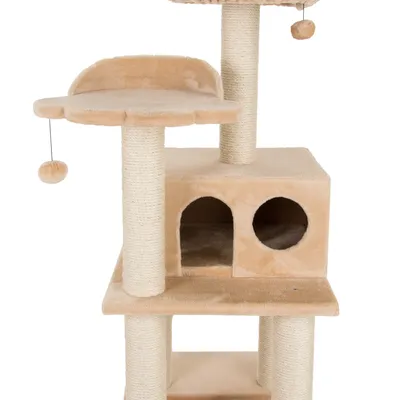 Beige scratching post with multiple levels, cave with two entrances, sisal posts and hanging play ball.