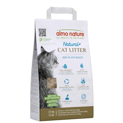 Almo Nature Natural Cat Litter, 100% roślinny, bardzo chłonny, kontrolujący zapach, kompostowalny, bezpyłowy, nie przywiera do sierści ani łap. Zawartość: 2,5 kg.