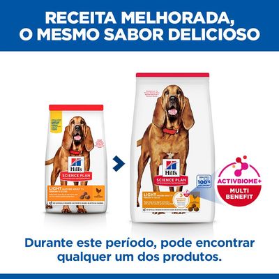 Hill's Science Plan Light Mature Adult 7+ Medium 11-25kg com frango. 16% menos calorias, sem corantes ou aromas artificiais. Recomendado por veterinários.