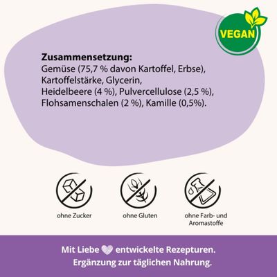 Zusammensetzung: Gemüse, Kartoffel, Erbse, Kartoffelstärke, Glycerin, Heidelbeere, Pulvercellulose, Flohsamenschalen, Kamille. Vegan, ohne Zucker, ohne Gluten, ohne Farb- und Aromastoffe.