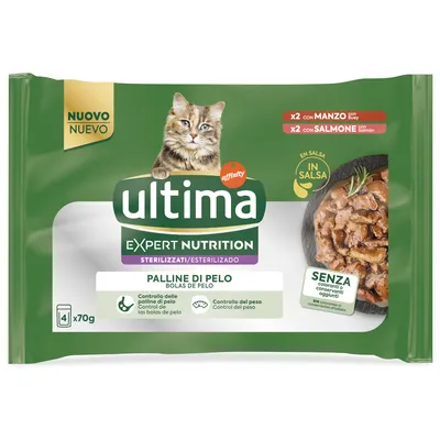 ultimia Expert Nutrition Stérilisés, 4 x 70g, contrôle des boules de poils et du poids, sans colorants ni conservateurs ajoutés, variétés bœuf et saumon en sauce. Texte en italien et espagnol.