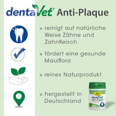 dentaVet Anti-Plaque. Reinigt auf natürliche Weise Zähne und Zahnfleisch, fördert gesunde Maulflora, reines Naturprodukt, hergestellt in Deutschland.