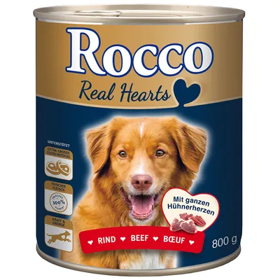 Lata de comida para cão Rocco Real Hearts, 800 g, com texto visível: Rind Beef Boeuf. Inclui ícones: pedaços grandes de carne, carne fresca 100 %, força e energia.