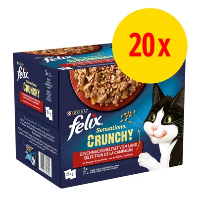 Кутия Purina Felix Sensations Crunchy, 20x. Видими текстове: говеждо, пиле, заек, агне. Изображение на котка и купа с храна. Голям жълт кръг с надпис 20x.