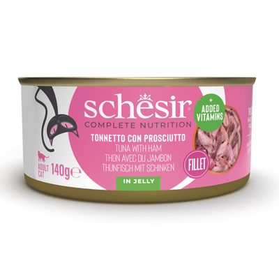 Schesir Complete Nutrition filet z tuńczyka w galarecie, 6x140g dla dorosłych kotów. 100% naturalne filety z dodatkiem witamin.
