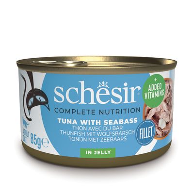 Schesir Complete Nutrition atún con ternera, 6x85g, filetes 100% naturales en gelatina, con vitaminas añadidas. Para gatos adultos.