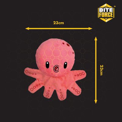 Rosa Plüsch-Oktopus von Bite Force, Masse: 23 cm x 23 cm. Spielzeug mit niedlichem Design und aufgedruckten Details.