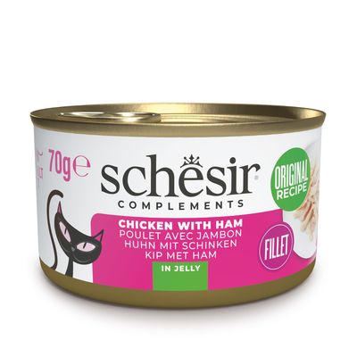 Schesir Complements, Original Recipe, 100% Natural Fillets, kurczak w galarecie, 6x70g = 420g, dla dorosłych kotów, z nawodnieniem.
