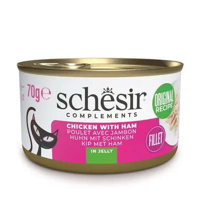 Voordeelverpakking Schesir complementen in gelei 24 x 70 g - Kip met ham Voordeelverpakking Schesir complementen in gelei 24 x 70 g - Kip met ham