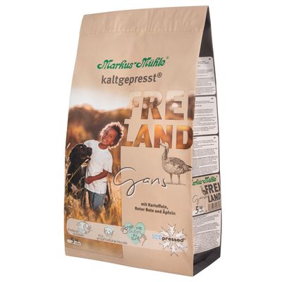 Sac Markus-Mühle kaltgepresst FREILAND Gans, avec illustrations d’oie et de chien, texte visible : mit Kartoffeln, Roter Bete und Äpfeln, 5 kg, ICE pressed.